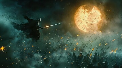 Obraz premium Lone warrior confronts army under a fiery moon.