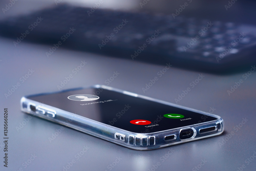 Poster smartphone with incoming call on desktop on computer background.