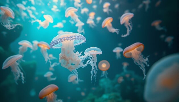 Delicate glass harmonica floating amidst iridescent jellyfish in an underwater cave with soft pastel colors and refracted light on rippled aquamarine water.