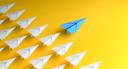 Leadership concept, blue leader plane leading white planes, on yellow background. 3D Rendering