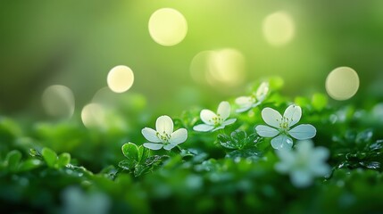 Flowers in fresh green Spring woods.