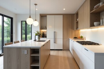 Fototapeta premium Sleek cabinetry, quartz countertops, minimalist pendant lighting, built-in appliances, minimalist kitchen, sleek kitchen