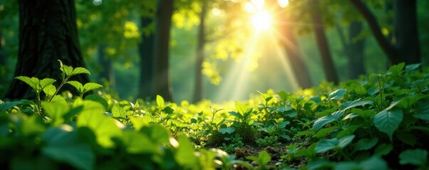 Fototapeta premium Sunlight filters through dense foliage, illuminating a vibrant green undergrowth , shadow, outdoor, vibrant