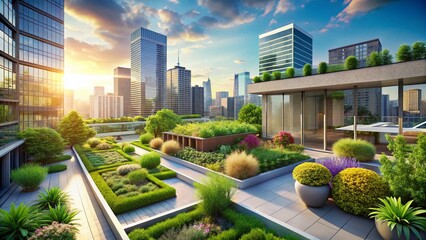 Fototapeta premium Urban Greenery: Sustainable City Conservation Effort, Rooftop Garden, Eco-Friendly Buildings