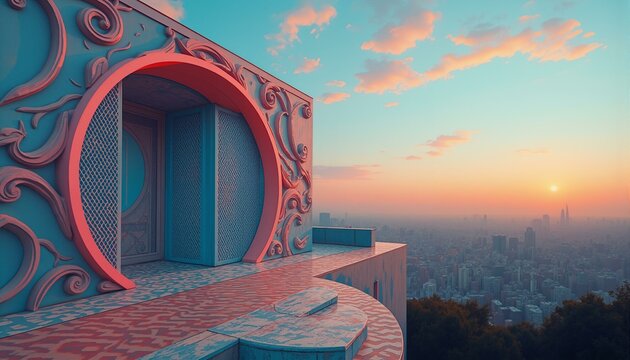 A futuristic cityscape features walls with intricate 3D metallic trellis patterns, swirling pastel shevron motifs, and a hazy blue-orange sunset backdrop over a sprawling metropolis.
