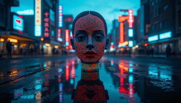 Faces made of distorted code and pixelated patterns appear amidst urban landscape with neon lights reflecting on wet ground.