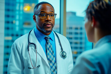 A black doctor physician treating a patient in front of a clinic