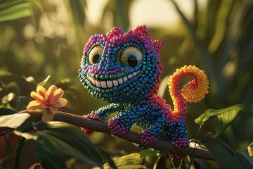 Fototapeta premium A friendly 3D cartoon chameleon with large, expressive eyes and a cheerful smile sitting on a branch set against a vibrant green background