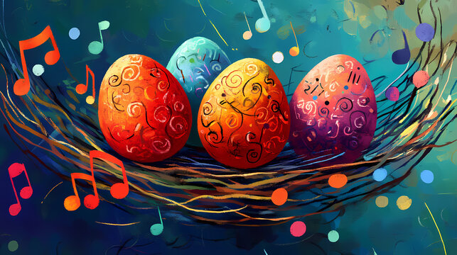 Vibrant eggs nest symbolize creativity new beginnings harmonious musical notes artistic display color whimsy. Whimsy - Carnival. Illustration