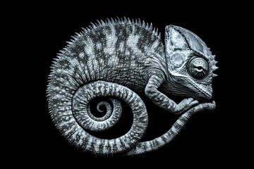 A single yemen chameleon's curled tail with a black background
