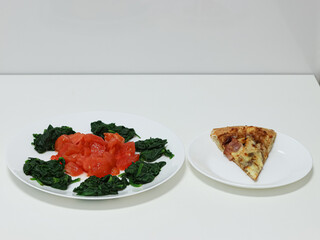 Comparison between healthy food and junk food. Vegetable and Tomato Dish Vs Pizza