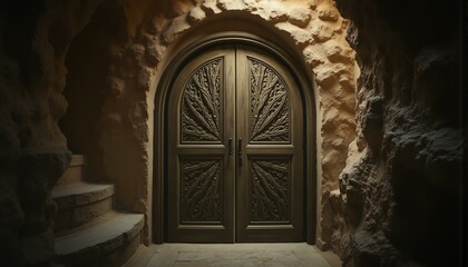 A worn, ancient wooden door with intricate, three-dimensional hatching textures is set against a softly gradating sandstone and olive undertone background in a dimly lit, mysterious chamber.