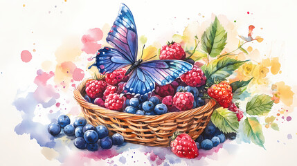 Whimsical watercolor image of a woven basket overflowing with fresh berries and a whimsical butterfly, vibrant colors, whimsy. Whimsy - Carnival. Illustration