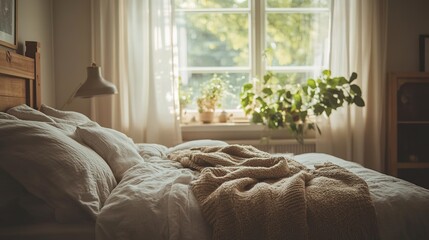 Sunlit Bedroom With Cozy Bed And Knitted Throw