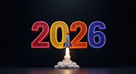 Rocket launching in front of colorful 2026 numbers symbolizing new beginnings and innovation