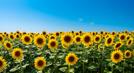 Fototapeta premium Blooming Sunflower Field under Clear Blue Sky