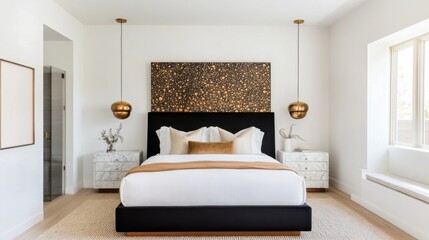Elegant terrazzo bedroom, upholstered king size bed, high gloss black terrazzo headboard with metallic gold inlays, floating marble nightstands