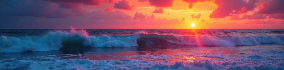 Fototapeta premium Sunrise paints the Atlantic waves with fiery orange and pink hues A breathtaking vista , landscape, scene, tranquil
