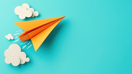 Vibrant orange paper airplane soaring through a bright blue sky with whimsical white clouds