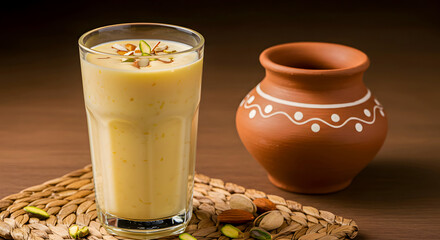 Traditional Sweet and Juicy Rabri Doodh with Almond Toppings and Nuts on Woven Mat