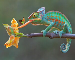 Fototapeta premium Highlighting nature's vibrant artistry, the colorful chameleon utilizes its long tongue to catch a fly, emphasizing its remarkable and unique hunting behavior