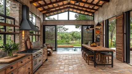 Obraz premium Rustic open-plan kitchen with pool view, interior design