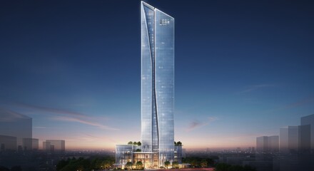 Obraz premium Modern skyscraper at dusk with cityscape lighting and architectural design