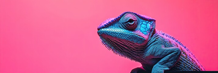 Wide horizontal panoramic banner showcasing a beautiful violet chameleon on a purple background, complete with space for copy or tailored for a website header with an empty area for text