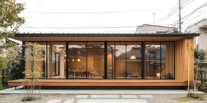 Modern exterior of a rectangular home with large glass windows