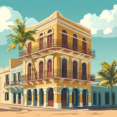 Naklejka premium Colorful historic building with palm trees in a vibrant tropical setting under a clear sky