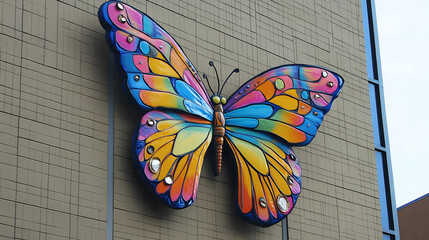 A colorful butterfly sculpture adorns the side of a building, adding a touch of whimsy to urban architecture. Whimsy - Carnival. Illustration