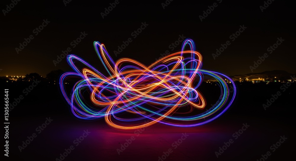 Poster vibrant light trails against night sky creating dynamic abstract patterns