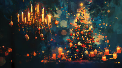 Candles and ornaments on the christmas tree create a whimsical atmosphere, festive, whimsy. Whimsy - Carnival. Illustration