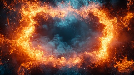 Fototapeta premium Fiery orange and blue flames forming a ring with smoke against a dark background.