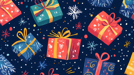 Cute festive gift boxes with sparkles and snowflakes celebrating christmas holiday seamless pattern. Whimsy - Carnival. Illustration