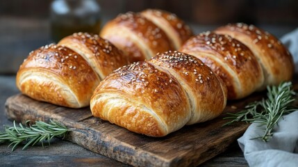 Freshly baked rolls on rustic wooden board