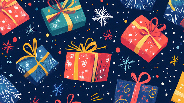Cute festive gift boxes with sparkles and snowflakes celebrating christmas holiday seamless pattern. Whimsy - Carnival. Illustration