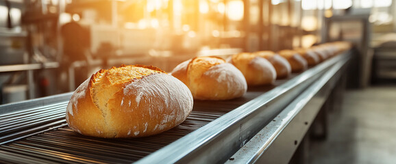 Golden-brown loaves of bread move along a metal conveyor belt in a bakery, showcasing a bread production line, symbolizing freshness, food industry, and daily bread
