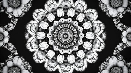 Circular Mandala Design: Black and White Symmetrical Floral Pattern, Ornamental Frame, Decorative Vector Art, Geometric Abstract Artwork, Elegant Vintage Motif