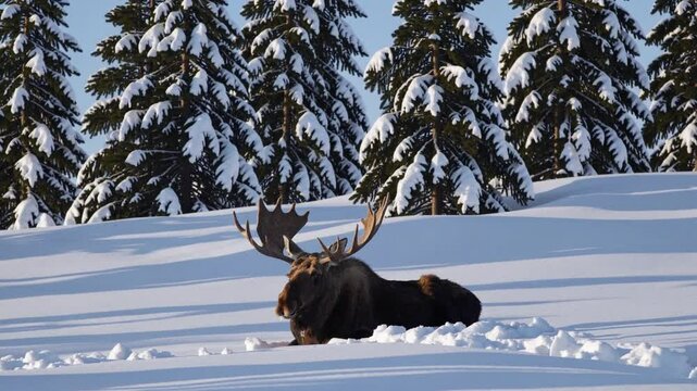 A Majestic Moose Resting in a Tranquil Wintery Landscape &ndash; Snow-Covered Trees, Frosted Ground, and a Peaceful Atmosphere Highlighting the Beauty of Wildlife in a Serene Natural Setting