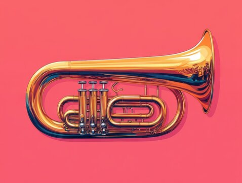 Close-Up of a Gleaming Brass Tuba Against a Vibrant Coral Background Showcasing Intricate Tubing and Valves in a Minimalist and Eye-Catching Composition