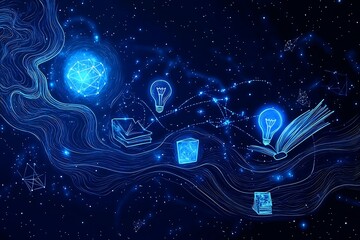 Interconnected symbols like lightbulbs books in an abstract education outline highlight growth opportunity and knowledge leaving room for inspirational themes