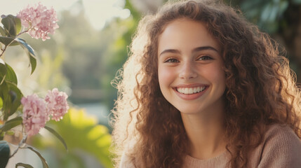 Cheerful curly-haired female flashing bright smile among blooming pink garden backdrop