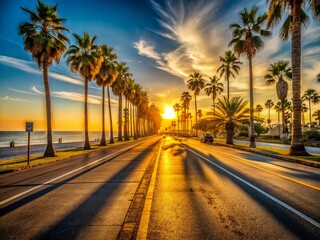 Vibrant Sunset Palm Tree Beach Road Urban Exploration Photography