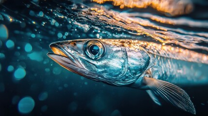 Underwater close-up of a silvery fish swimming near the surface.