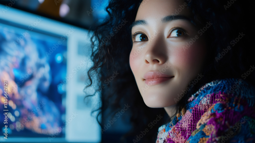 Poster young female designer focusing intently on computer screen while working late at modern office works