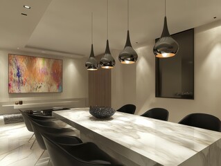 Modern dining room displaying a long marble table and chairs