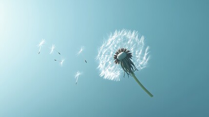 Obraz premium A dandelion releasing seeds against a bright blue sky background