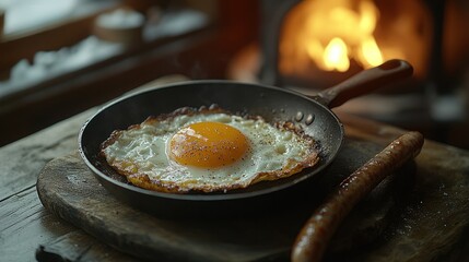 Fried egg in pan by fireplace, winter breakfast