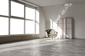 Armchair with rug and folding screen near light wall in big room